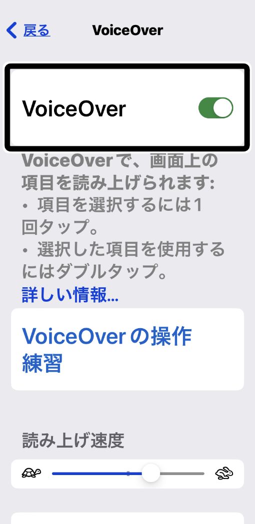 設定アプリ内のvoice over項目の写真